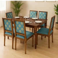 Globally Indian Sheesham Wood 6 Seater Dining Table Set With 6 Solid Wood Upholstered Chairs –  In Blue Color