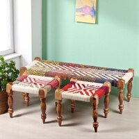 Hamilton Sheesham Wood 2 Seater Maachi Bench Set With 2 Stools In Assorted Multi-Colour Chindi & White Rope Canning