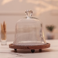Ireka Homes Candy Cloud Acacia Wood Cake Stand with Glass Dome