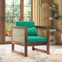 Korai Plus 1 Seater Sofa in Teak Finish & Lagoon Green Fabric