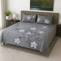 Grey & White Floral 400 TC Cotton Flat Super King Size Bedsheet With 2 Pilllow Covers