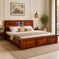Rangrez Sheesham Wood King Size Bed in Honey Oak Finish with Box Storage