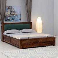 Melba Solid Sheesham Wood  King Size Hydrolic Storage Upholstered  Bed In Provincial Teak Finish