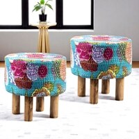 Morgan Acacia Wood Set of 2 Ottoman Pouffees in Sea Green Fruit Print Kantha, Teak Finish
