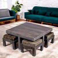 Blane Sheesham Wood 4 Seater Coffee Table Set In Antique Grey Finish Green Sparkle Velvet Cushion