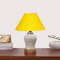 Devansh Conical Yellow Cotton Shade Lamp With Wood & Mosaic Glass Base For Decoration/Office/Home/Gifting/Study For Decoration/Office/Home/Gifting/Study -(10X10X14.5) Inches -A