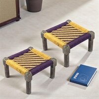 Riaza Sheesham Wood Vintage Set of 2 Foot Stools in Yellow & Purple Rope Canning