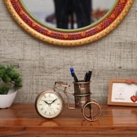 Desert Art Metal Handpainted Cycle Pen Stand with Clock in Golden Finish