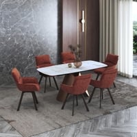 Aeris Ceramic 4 To 6 Seater Extendable Dining Table With 4 Bren Dining Chair (Finish : Gilded White, Chair Colour : Auburn)
