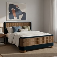 Heritage Cane Upholstered King Size Bed in Linen With Oak wood Frame