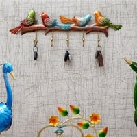 Metal Handpainted Bird Key Holder with 5 Hooks in Multicolour