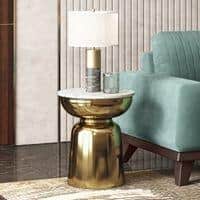 Alaya Round White Marble Top Metal Side Table in Gold finish