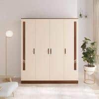 Andrie Engineered Wood 4 Door Wardrobe/Clothes Storage Rack Organizer Almirah Cupboard Without Mirror, 10 Shelves & Drawers (One with Lock) for Bedroom Home Furniture (Brown Maple & Beige)…