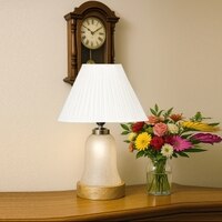 Devansh Off-White Cotton Straight Pleated Shade Lamp With Wood & Mosaic Glass Base For Decoration/Office/Home/Gifting/Study For Decoration/Office/Home/Gifting/Study