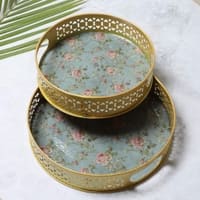 Round Tray Set Of 2 In Green And Pink Colour