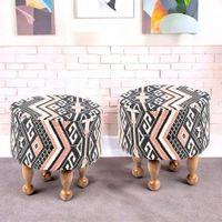 Louisville Acacia Wood Parisian Round Set of 2 Pouf Stools in Multi-colour Jacquard
