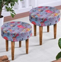 Nayla Sheesham Wood Mid-Century Set of 2 Stools in Grey Bird Print Kantha, Teak Finish
