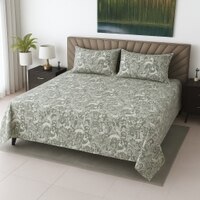 Off White & Green  Color Floral 400 TC Cotton Flat Super King Bed Size Bedsheet With 2 Pilllow Covers  Threads