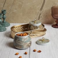 Bird Print Metal Jar With Basket Set Of 3 In Multicolor Colour