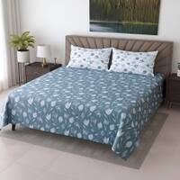 Ocean Blue Floral Cotton 400 Tc Flat Super King Size Bedsheet With 2 Pillow Covers