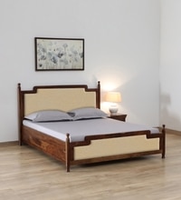 Domino Solid Wood King  Size Bed With Box Storage (Provincial Teak Finish, Beige Colour)