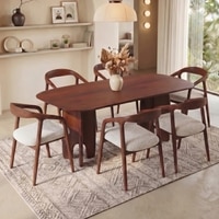 Brava Solid Wood 6 Seater Dining Table with 6 Zen Solid Wood Dining Armchair in (Finish: Honey, Colour: White Boucle)
