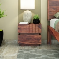 Cnc Solid Wood Bedside Table in Teak Finish