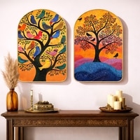 Warli Village Life Wall Art Painting Set of 2 with Gold Frame 16 x 24 Inch
