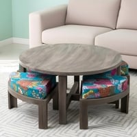 Nashville Sheesham Wood 4 Seater Coffee Table Set In Antique Grey Finish Floral Print Green Kantha Cushion