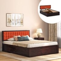 Alaca Bed (Solid Wood) (Mahogany Finish, Queen Bed Size, Hydraulic Storage)