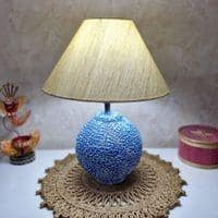 Annekaltable Handmade & Handpainted Blue & white wooden Matka Lamp with Beige shade