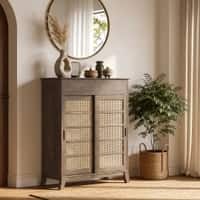 Fujiwara 20 Pair Solid Wood and Cane Shoe Cabinet With Drawer In Danish Walnut Finish