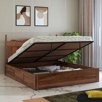 Lavento Sheesham Wood Queen Size Bed With Hydraulic Storage In Provincial Teak Finish