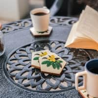 Ireka Home Penta Bloom Acacia Wood Coaster Set – Floral Design (Set of 4)