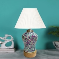 Devansh Off-White Knife Pleated Cotton  Shade  Lamp With  Wood & Mosaic Glass Base For Decoration /Office/Home/Gifting/Study For Office/Home/Gifting -(12X12X16) Inches -