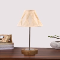 Devansh Off-White Cotton Vintage Cross Pleated   Lamp With Natural  Wood Base  & Steel Pipe  (12X17.75)