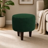 Doe Buck Velvet Round Ottoman Stool in Green Colour with Wooden Legs