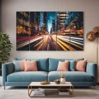 The Castle Decor Fast Moving City Wall Art Set of 5 Wooden Framed Digital Painting 27x48 Inch