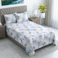 White And Blue Floral Cotton 400 Tc  Flat  Single Bed Size Bedsheet With 2 Pillow Covers