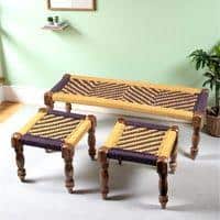 Hamilton Solid Wood Maachi Bench set with 2 Stools in Purple & Yellow Canning