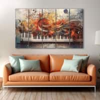 The Castle Decor Music Piano Wall Art Set of 5 Wooden Framed Digital Painting 27x48 Inch