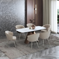 Aeris Ceramic 4 To 6 Seater Extendable Dining Table With 4 Calix Dining Chairs (Finish : Gilded White, Chair Colour : Beige)