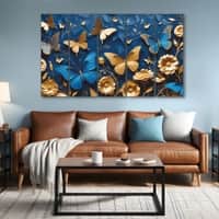 The Castle Decor Golden Butterfly Wall Art Set of 5 Wooden Framed Digital Painting 27x48 Inch