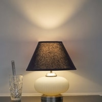 MALOTO Frosted White Glass and Chrome Finish Metal Table Lamp With Black Cotton Shade