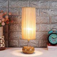 Leslie Beige Bamboo Shade Table Lamp with Natural Wooden Base