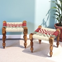 Riaza Sheesham Wood Vintage Set of 2 Stools in Multicolour Chindi & White Rope Canning