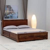 Melba Solid Sheesham Wood  King Size Hydrolic Storage Upholstered  Bed In Provincial Teak Finish