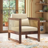 Korai Plus 1 Seater Sofa In Teak Finish & Macadamia Brown Hopsack Weave Fabric