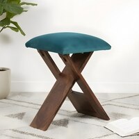 Dayton Sheesham Wood Accent Square   Stool in Turquoise Sea Velvet Upholstery