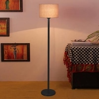 Tomas Grey Fabric Shade Floor Lamp with Black Iron Base